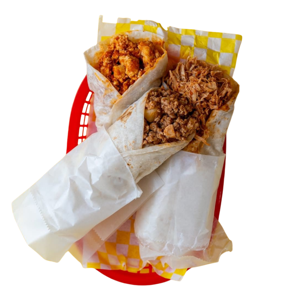 Tres burritos de guisado en tortilla de harina suave y calientita de 30 cm